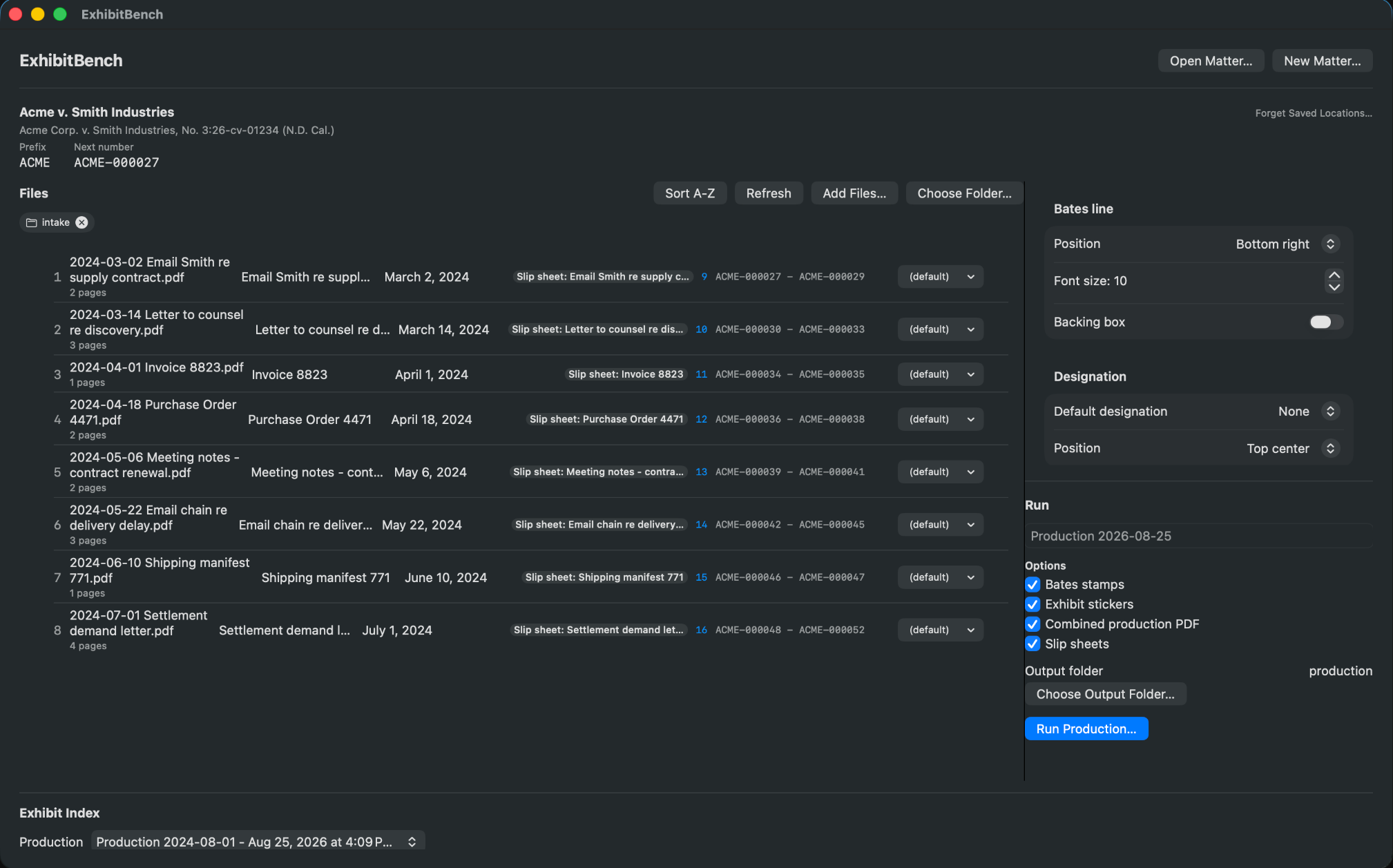 The ExhibitBench matter workspace on macOS: a file list with Bates ranges, stamp settings and a Run Production button